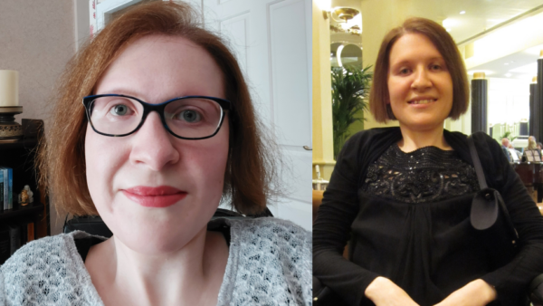 two images side by side of the same smiling women