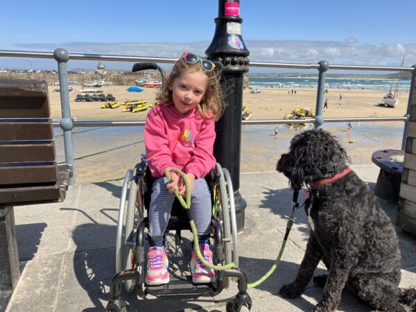 A young girl wearing rainbow sunnies sits by a beach with her dog.