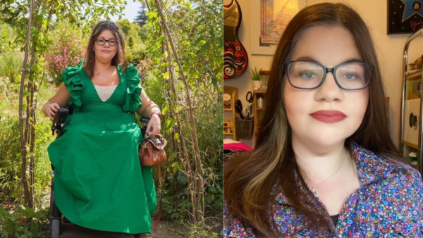 A side by side photo of a woman. In one she's wearing a green dress - the other is a selfie.