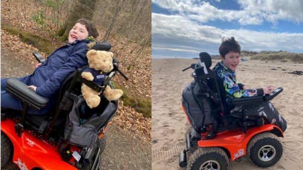 On the left, Alfie is smiling at the camera using his all-terrain wheelchair in the woods. On the right, he's driving along the beach.