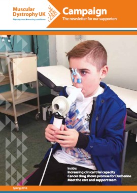 Front cover of the Campaign Spring 2016 newsletter. The main image shows a young boy using breathing equipment in a medical setting.