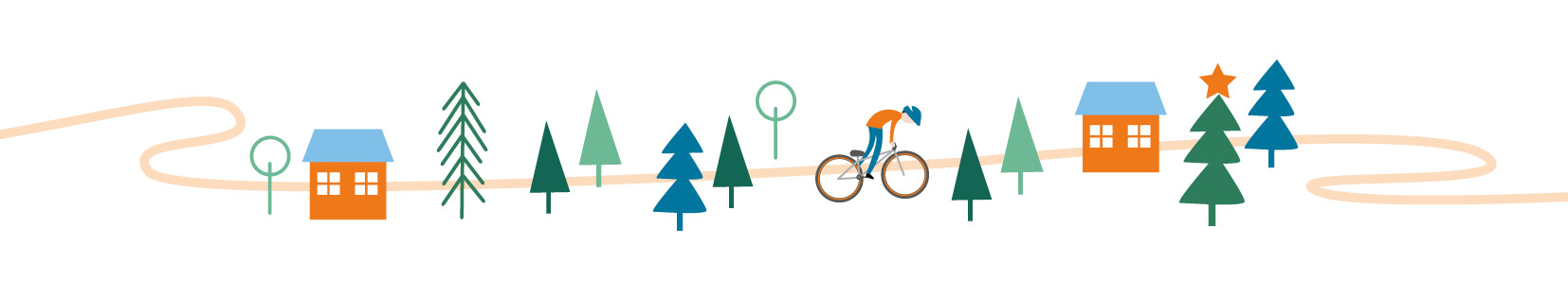 An illustration of a boy riding a bike past trees and houses