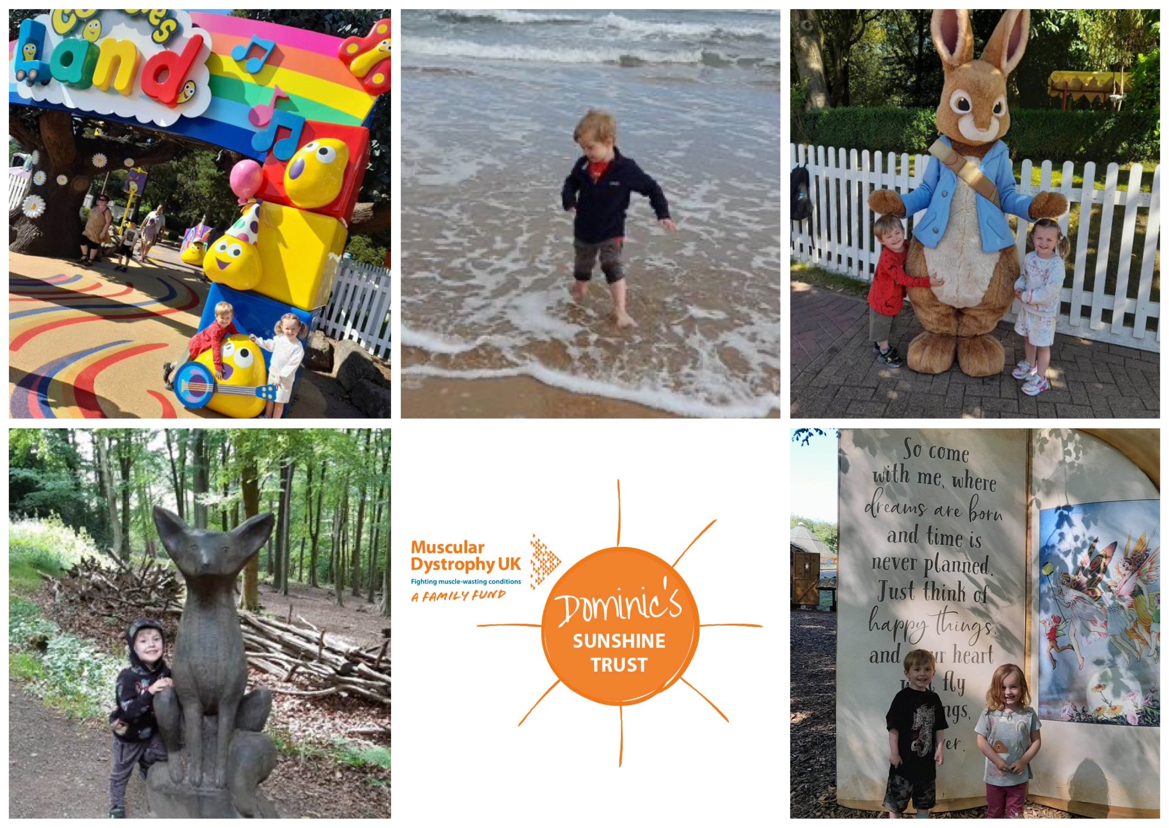 6 image collage. Images include Dominic and his sister by the Cbeebies Land entrance, Dominic in the sea, Dominic and his sister with Peter Rabbit, Dominic stood by a wooden fox carving and an image of the Dominic's Sunshine Trust logo