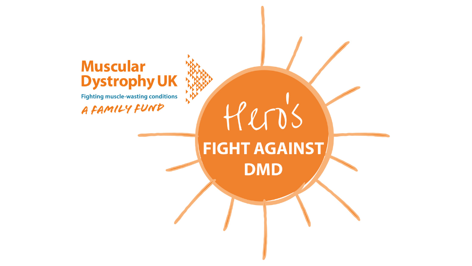 A white background with the MDUK logo and an orange sun that has the words 'Hero's Fight Against DMD' in the centre of it