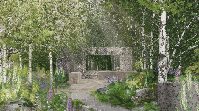 A computer generated image of a garden. A wide accessible path weaves through a garden full of silver birch, foxgloves and ferns. 