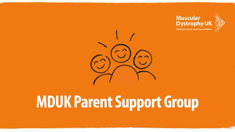 Logo for MDUK Parent Support Facebook Group. Orange background with MDUK logo and three cartoon smiling people 