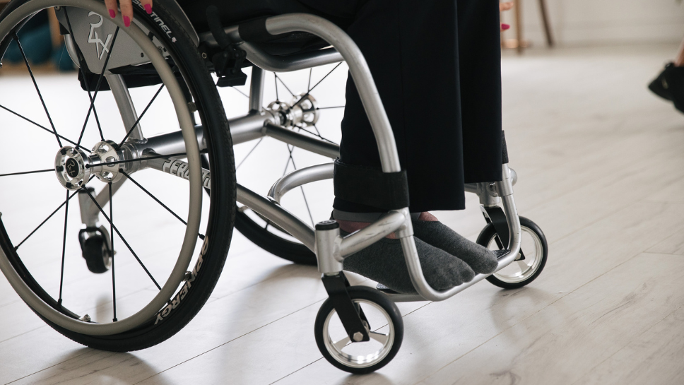 Close up image of a self propelled wheelchair