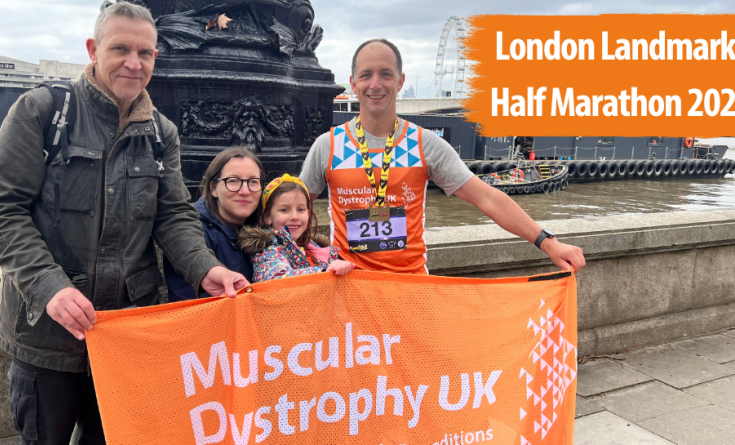Family posing for image after the London Landmarks Half Marathon in 2023