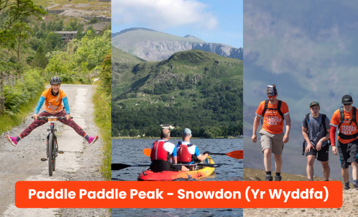 Variation of images of people taking on our triple challenge: Pedal Paddle Peak