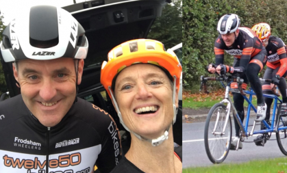 2 picture collage; one is a selfie of Brigid and Chris smiling with their bike helmets on, the other is of them riding on their tandem bike