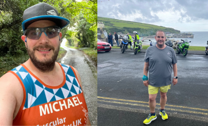 2 images of Michael - one is a selfie with his Team Orange jersey on with sunglasses and a grey baseball cap. The other image is a full body image in front of the sea, wearing his running gear.
