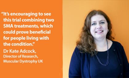 Half and half image, on the right is a headshot of Dr Kate Adcock on an orange background. On the left, is white text on an orange background saying '"It's encouraging to see this trial combining two SMA treatments, which could prove beneficial for people living with the condition." Dr Kate Adcock, Director of Research, Muscular Dystrophy UK'
