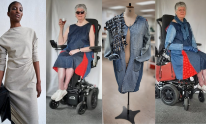 From left to right: 1. An image of a model in a grey dress 2. Sheila in her wheelchair wearing her design, holding a glass of wine with sunglasses 3. Sheila's clothing on a mannequin, a denim open from dress. 4. Shiela in her power wheelchair modelling another design, a denim red and blue dress. 