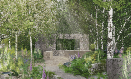 A computer generated image of a garden. A wide accessible path weaves through a garden full of silver birch, foxgloves and ferns. 