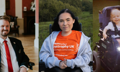 Jack, a man in a wheelchair is smiling at the camera next to Lauren wearing a muscular dystrophy uk t shirt in her chair and a picture of Lauren as a child