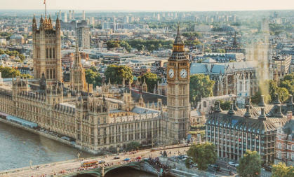 Aerial view of the houses of parliament and surrounding buildings in london. 