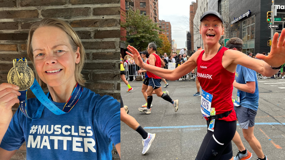 2 image collage. First image is a selfie of Gitte, wearing a 'Muscles Matter' Tikiboo T-shirt, holding her New York city marathon medal. The second image is of Gitte running a marathon in her 'Denmark' jersey.