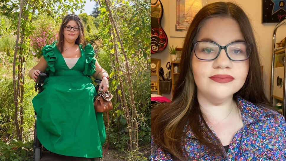 2 image collage of Sara - on the left, she's wearing a green dress and in front of lots of trees. On the right, it's a selfie of Sara wearing a multi-colour floral shirt